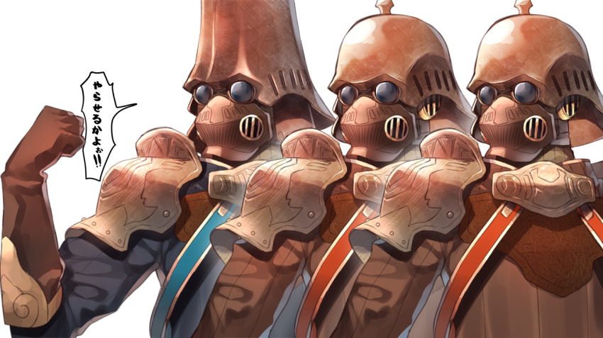 3boys, ardainian_soldier, armor, brown_gloves, clenched_hand, commentary_request, elbow_gloves, gloves