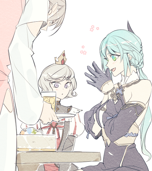 3girls, bare_shoulders, cup, drinking_glass, eremon_(mabinogi), etain_(mabinogi), happy, mabinogi