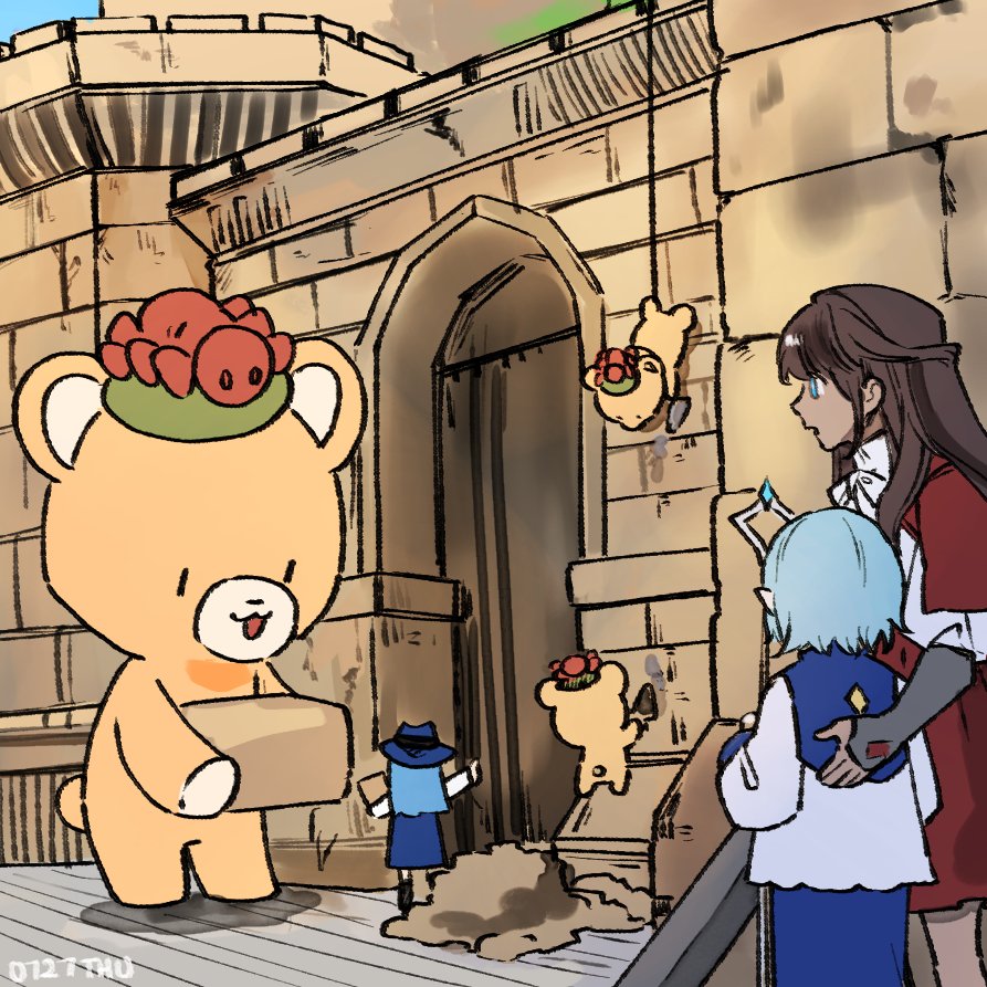 1boy, 2girls, asha_in_erinn, brick, castle, cowenna, dress, eochaid_(mabinogi)