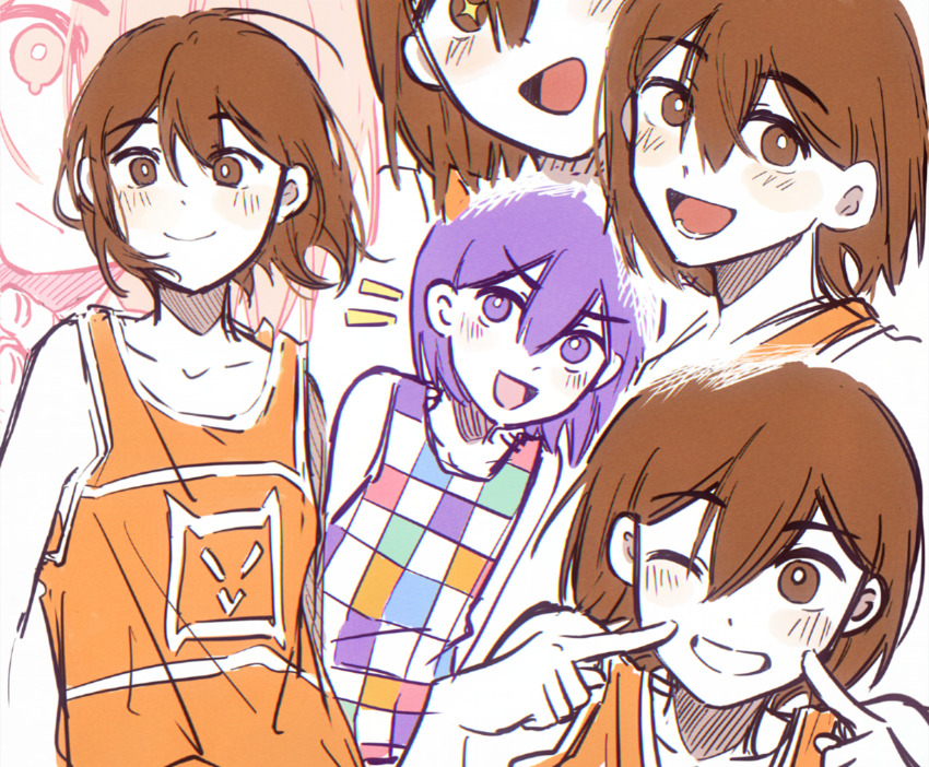 +_+, 2boys, bailan1130, blush, bright_pupils, brown_eyes, brown_hair, closed_mouth, clothes_lift, collarbone, dual_persona, grin, highres, kel_(faraway)_(omori), kel_(headspace)_(omori), kel_(omori), looking_at_viewer, lower_teeth_only, male_focus, multiple_boys, omori, one_eye_closed, open_mouth, purple_eyes, purple_hair, shirt_lift, short_hair, sketch, smile, teeth, white_pupils