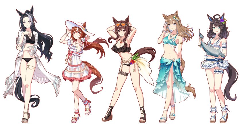 5girls, absurdres, ahoge, almond_eye_(umamusume), alternate_costume, alternate_hairstyle, animal_ears, armpits