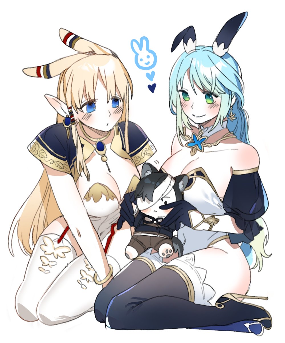 100_yeol, 2girls, animal_ear_hairband, animal_ears, bare_shoulders, boots, breasts, chibi, cleavage, etain_(mabinogi), fake_animal_ears, hairband, highres, holding_chibi, mabinogi, multiple_girls, playboy_bunny, portia_(mabinogi), rabbit_ear_hairband, rabbit_ears, seiza, simple_background, sitting, smile