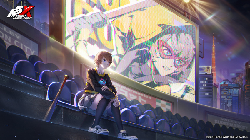 1girl, absurdres, arai_motoha, artist_request, baseball_bat, baseball_stadium, black_shirt, black_socks