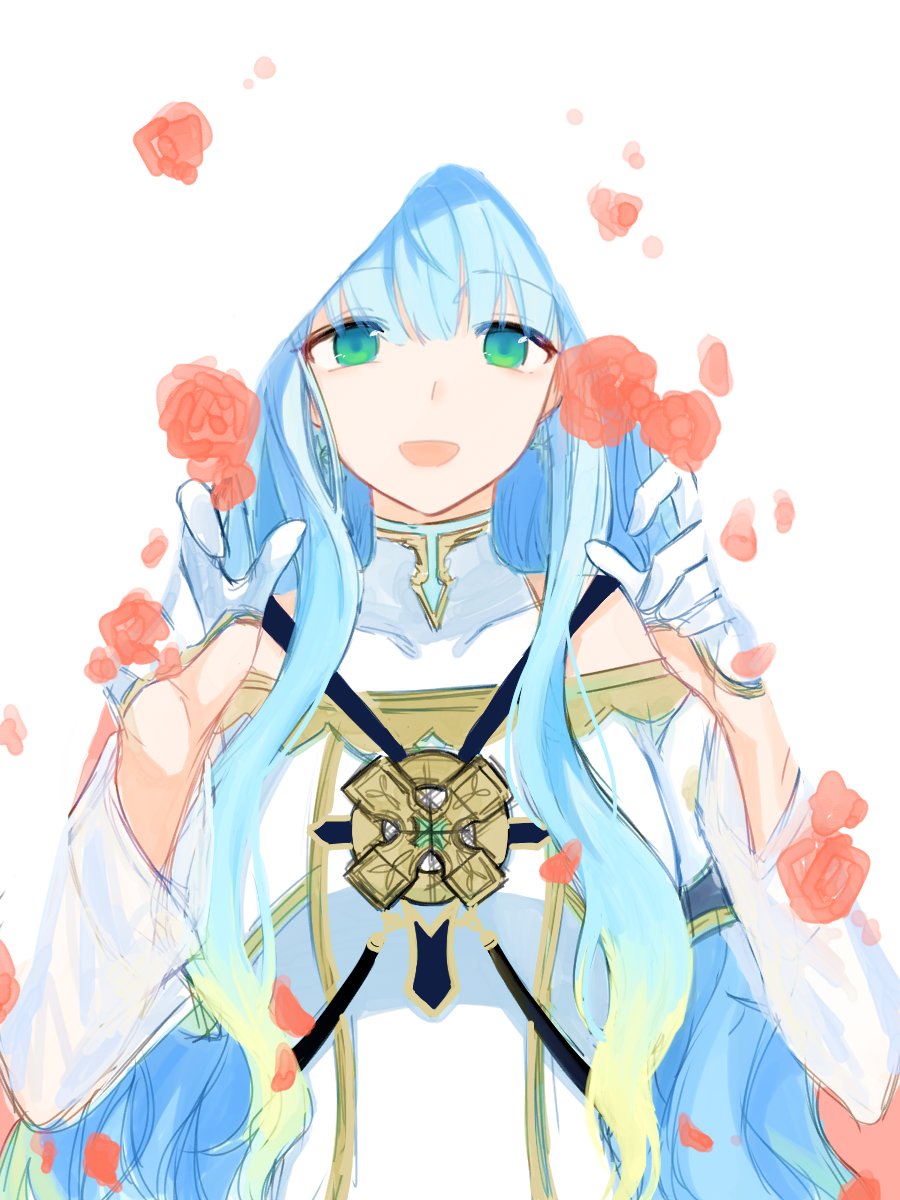 1girl, bare_shoulders, blending, blue_hair, etain_(mabinogi), flower, gloves, green_eyes