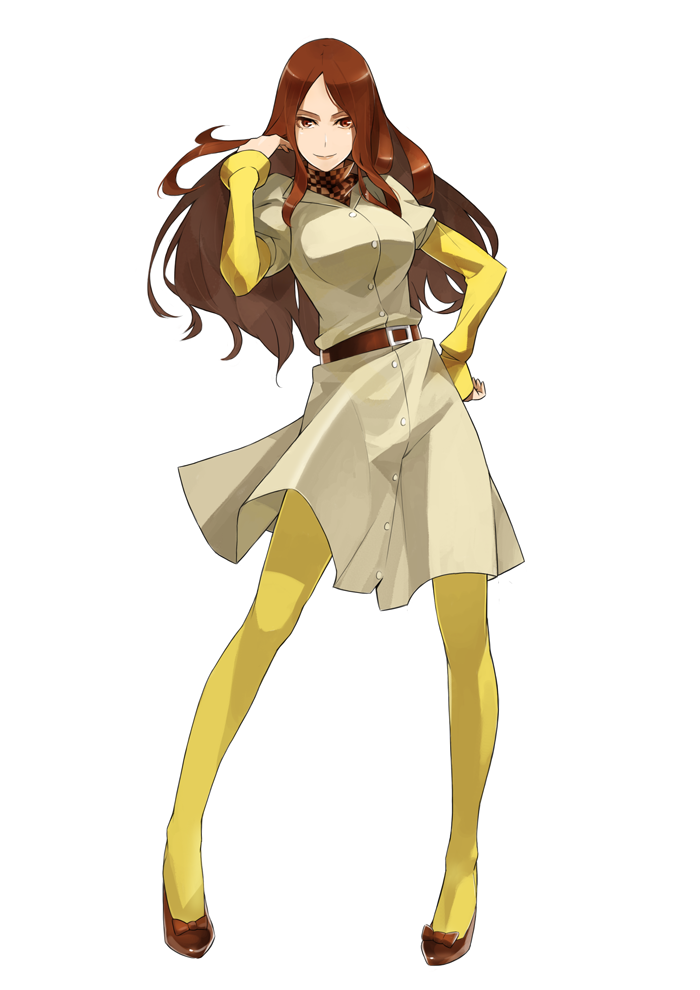 1girl, belt, brown_eyes, brown_hair, coat, female_focus, gajuumaru, high_heels, long_hair, mugino_shizuri, pantyhose, scarf, shoes, solo, toaru_majutsu_no_index, yellow_pantyhose