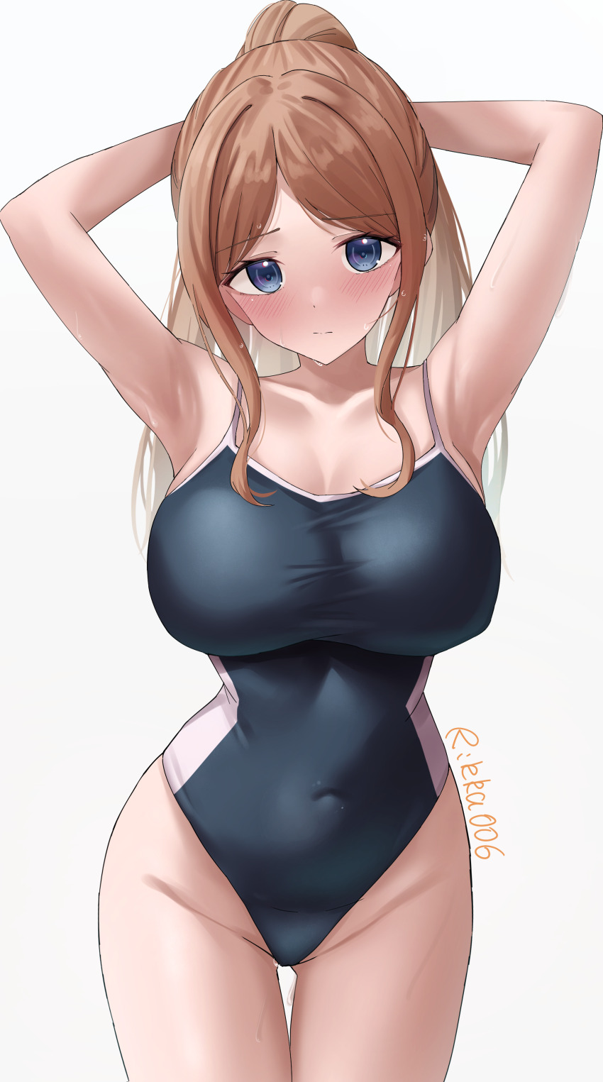 1girl, absurdres, arm_up, armpits, bang_dream!, bang_dream!_it's_mygo!!!!!, blue_eyes, blue_one-piece_swimsuit