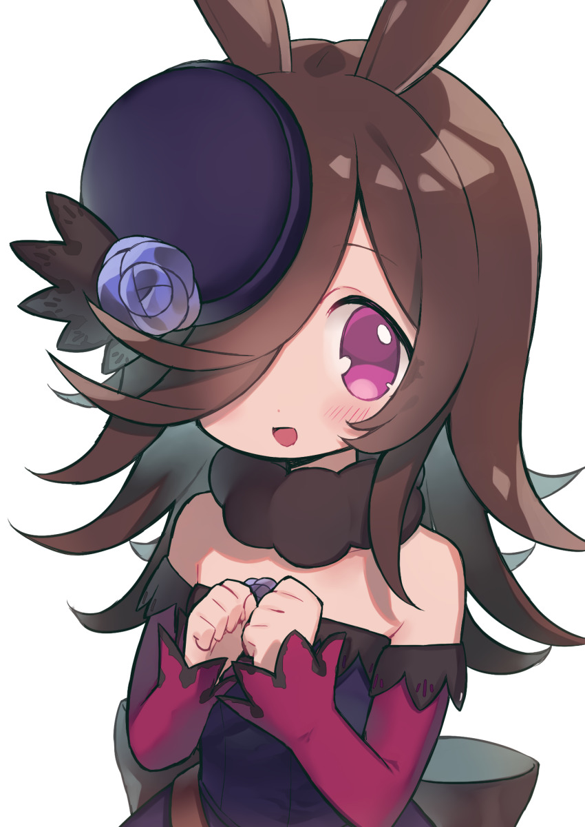 1girl, animal_ears, bare_shoulders, blue_flower, blue_rose, commentary, detached_sleeves, flower, hair_over_one_eye, highres, horse_ears, long_hair, open_mouth, pink_eyes, rice_shower_(rosy_dreams)_(umamusume), rice_shower_(umamusume), rose, simple_background, solo, umamusume, white_background, zudzuki