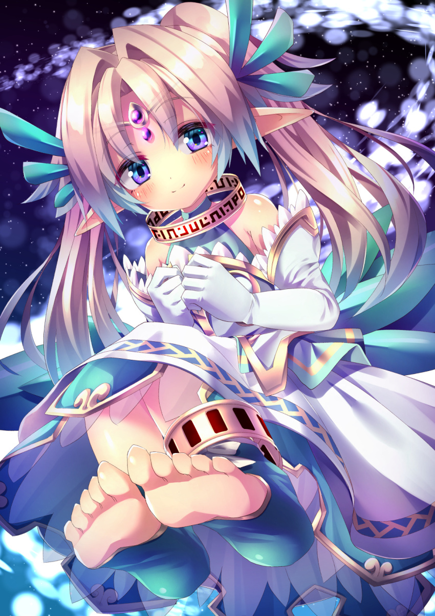 bare_shoulders, blue_eyes, brown_hair, dress, elbow_gloves, emil_chronicle_online, gloves, highres, long_hair, pointy_ears, seahorse_alma, soles, toes, twintails, white_dress, yupi828