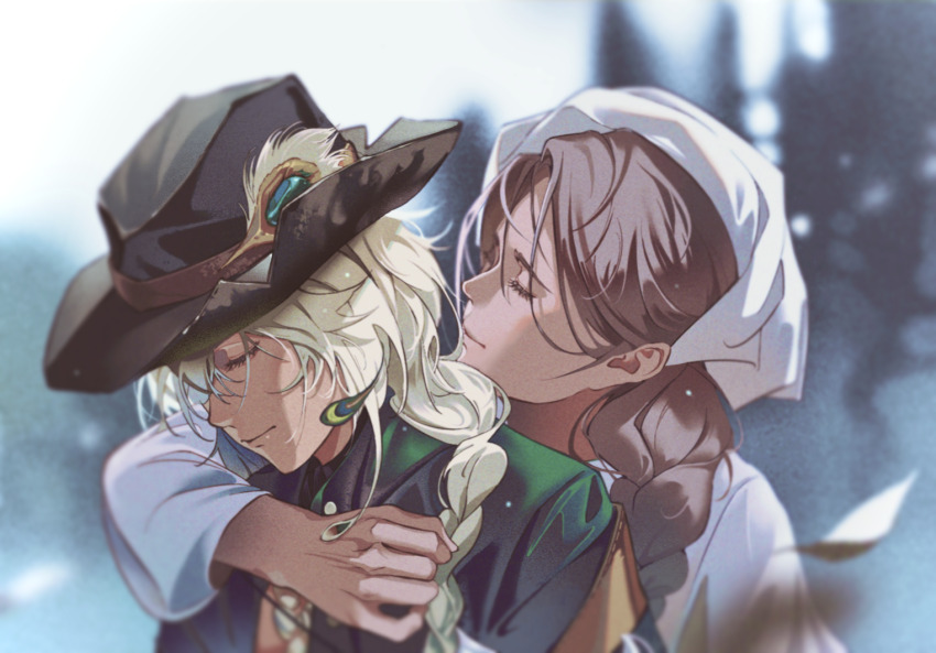 2girls, argus_(reverse:1999), arm_around_neck, behind_another, black_hat, blonde_hair, blurry, blurry_background