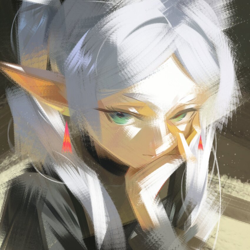 1girl, absurdres, closed_mouth, earrings, elf, frieren, green_eyes, grey_hair, highres, jewelry, long_hair, looking_at_viewer, nyte_tyde, pointy_ears, solo, sousou_no_frieren, twintails