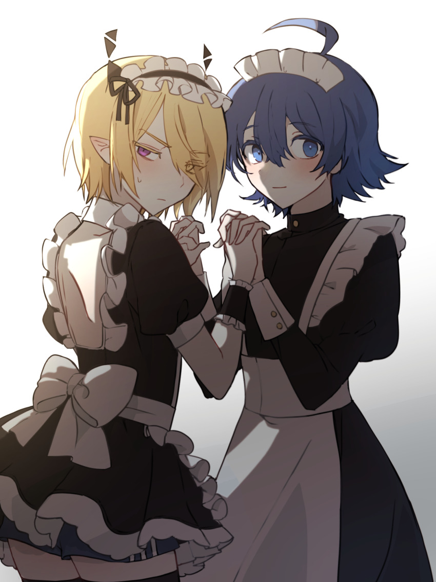 2boys, ahoge, alternate_costume, apron, black_thighhighs, blonde_hair, blue_eyes, blue_hair