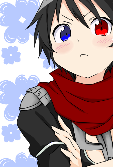 1boy, assassin_cross_(ragnarok_online), black_hair, black_shirt, blue_background, blue_eyes, blush, can't_be_this_cute