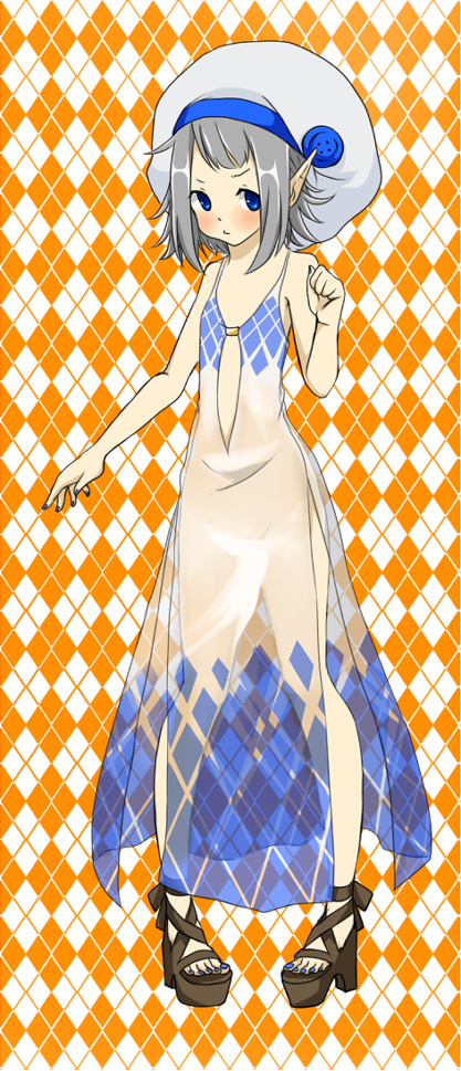 1girl, argyle_background, argyle_clothes, argyle_dress, blue_eyes, blue_nails, blush, brown_sandals