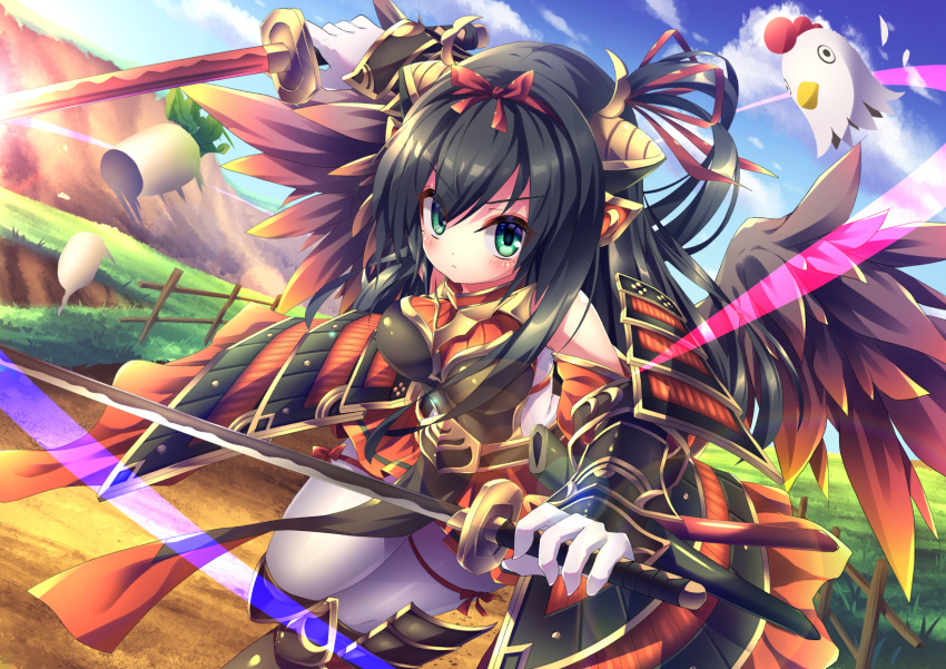 armor, armored_dress, bare_shoulders, black_hair, black_wings, blue_sky, breasts, dress