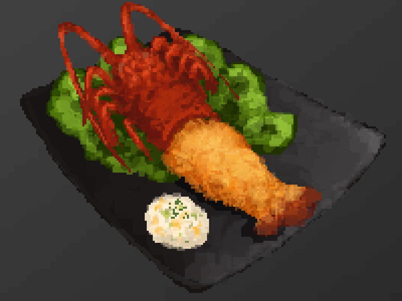 food, food_focus, fried_food, grated_daikon, hisachan55cute, lettuce, lobster, no_humans