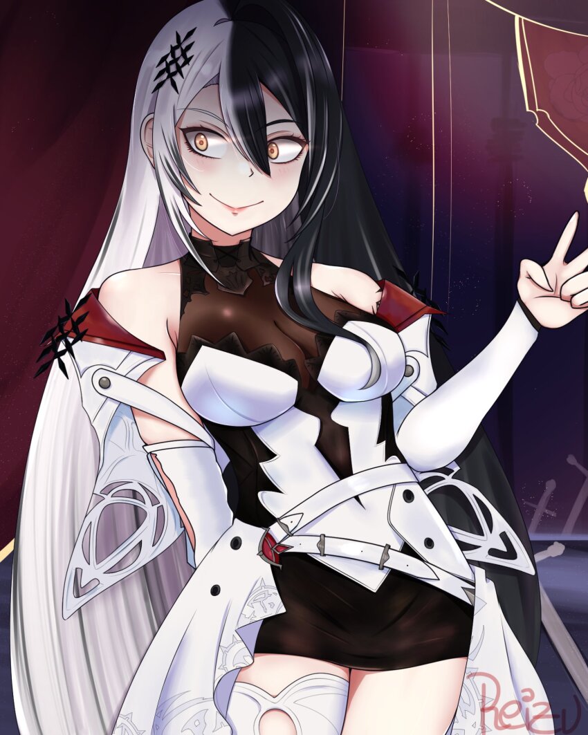 1girl, black_hair, breasts, closed_mouth, commentary, cosplay, detached_sleeves, dress, elizabeth_rose_bloodflame, elizabeth_rose_bloodflame_(1st_costume), elizabeth_rose_bloodflame_(cosplay), english_commentary, hair_between_eyes, highres, hololive, hololive_english, leizu02, long_hair, medium_breasts, multicolored_hair, shiori_novella, smile, solo, split-color_hair, two-tone_hair, v, very_long_hair, virtual_youtuber, white_dress, white_hair, yellow_eyes