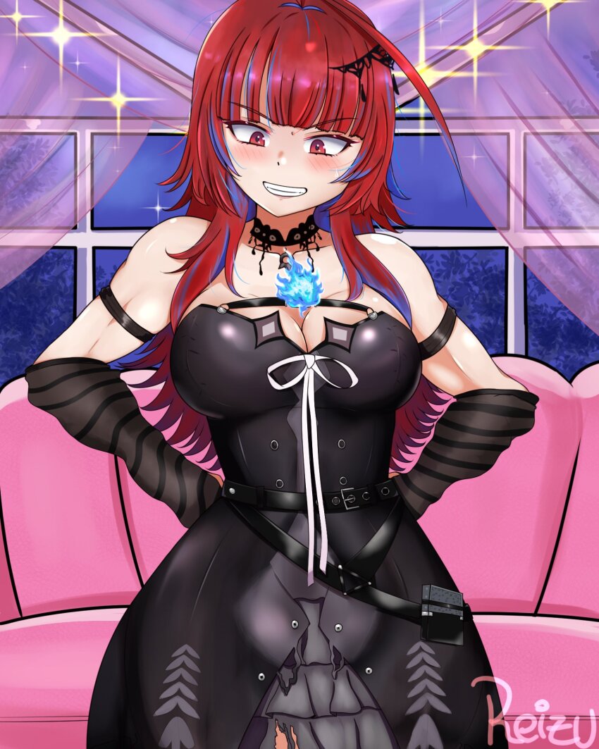 1girl, ahoge, arm_strap, arm_warmers, black_arm_warmers, black_choker, black_dress, blue_fire