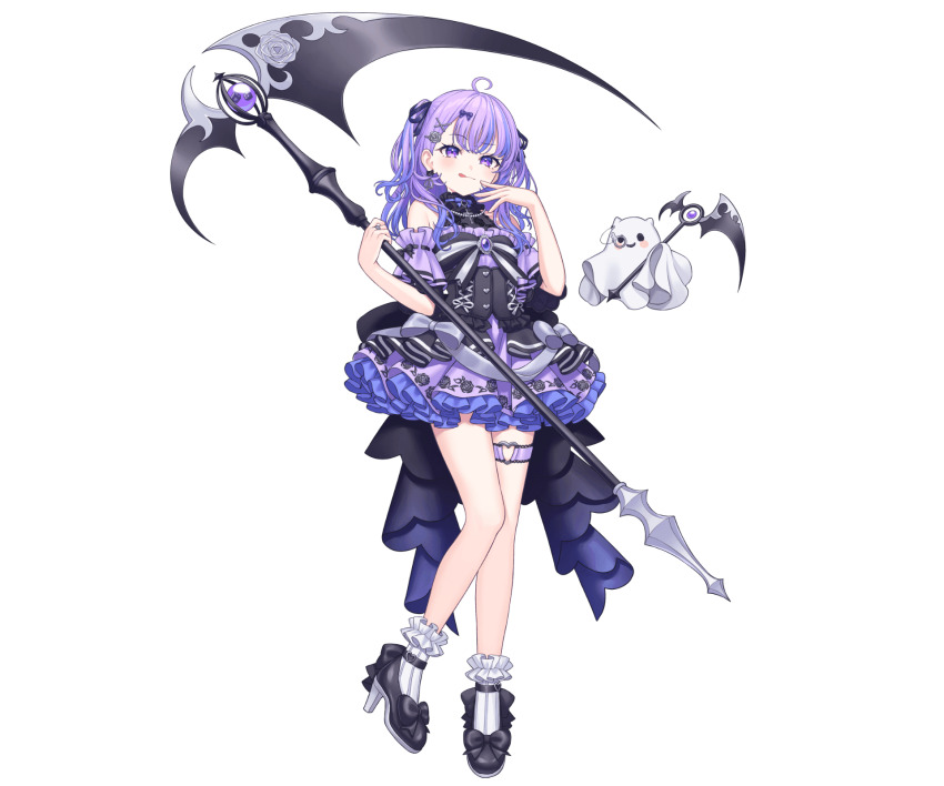 1girl, ahoge, black_dress, black_shoes, blush, brooch, dress, frilled_dress, frills, full_body, ghost, hair_ornament, hairclip, halterneck, heart, heart_o-ring, highres, holding, holding_scythe, jewelry, lq_saku, luminaria_pro, maimiya_rinne, monocle, multicolored_hair, o-ring, official_art, purple_eyes, purple_hair, ring, scythe, shoes, simple_background, socks, solo, standing, streaked_hair, thigh_strap, tongue, transparent_background, two_side_up, virtual_youtuber, white_socks, x_hair_ornament