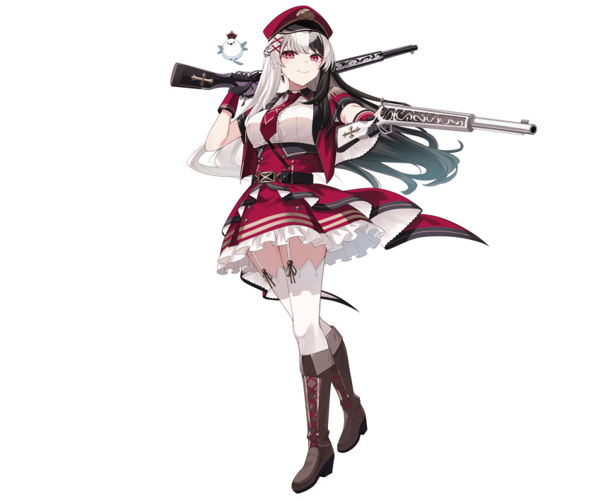 1girl, bird, black_gloves, black_hair, breasts, brown_shoes, center_frills, closed_mouth