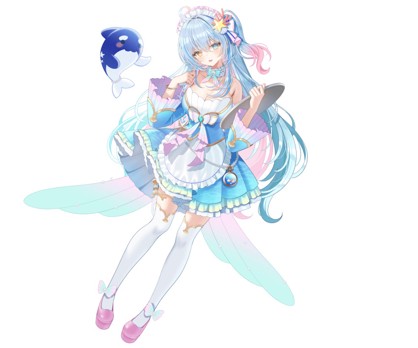 1girl, ahoge, aoi_minato_(vtuber), blue_dress, blue_eyes, blue_hair, blue_sleeves, blush