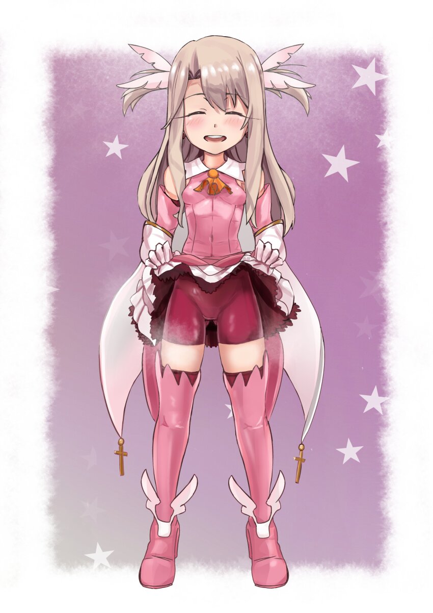 1girl, absurdres, bike_shorts, blonde_hair, breasts, clothes_lift, dress, dress_lift