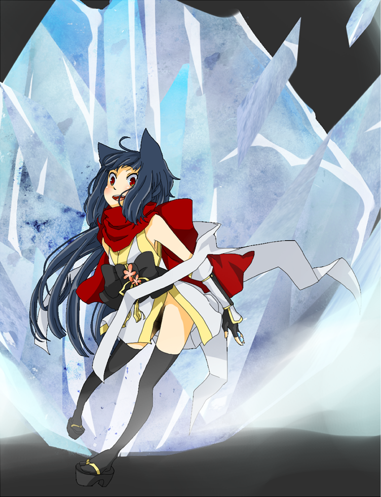 1girl, alternate_color, animal_ears, black_gloves, black_hair, black_sandals, black_sash, black_thighhighs, blush, bow, cat_ears, cat_girl, commentary_request, dress, fingerless_gloves, full_body, gloves, grey_background, ice, long_hair, looking_at_viewer, meiko_(nattu303), ninja, ninja_(ragnarok_online), no_panties, obi, okobo, open_mouth, platform_sandals, ragnarok_online, red_eyes, red_scarf, sandals, sash, scarf, short_dress, sleeveless, sleeveless_dress, smile, solo, thighhighs, vambraces, very_long_hair, waist_bow, white_dress