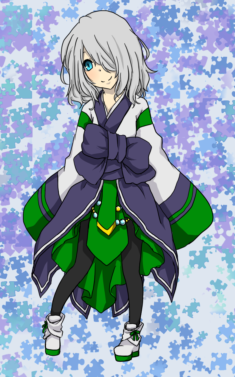 1girl, alternate_color, black_pantyhose, blue_eyes, blush, boots, bow, closed_mouth