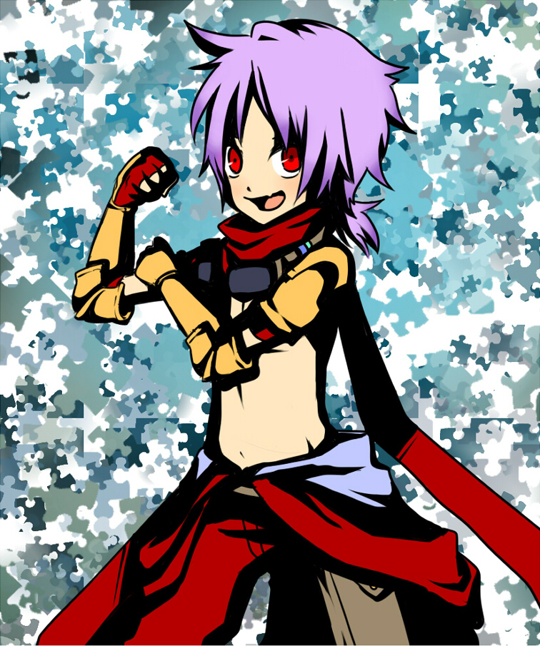 1boy, armor, blue_background, commentary_request, cowboy_shot, elbow_gloves, fang, fingerless_gloves