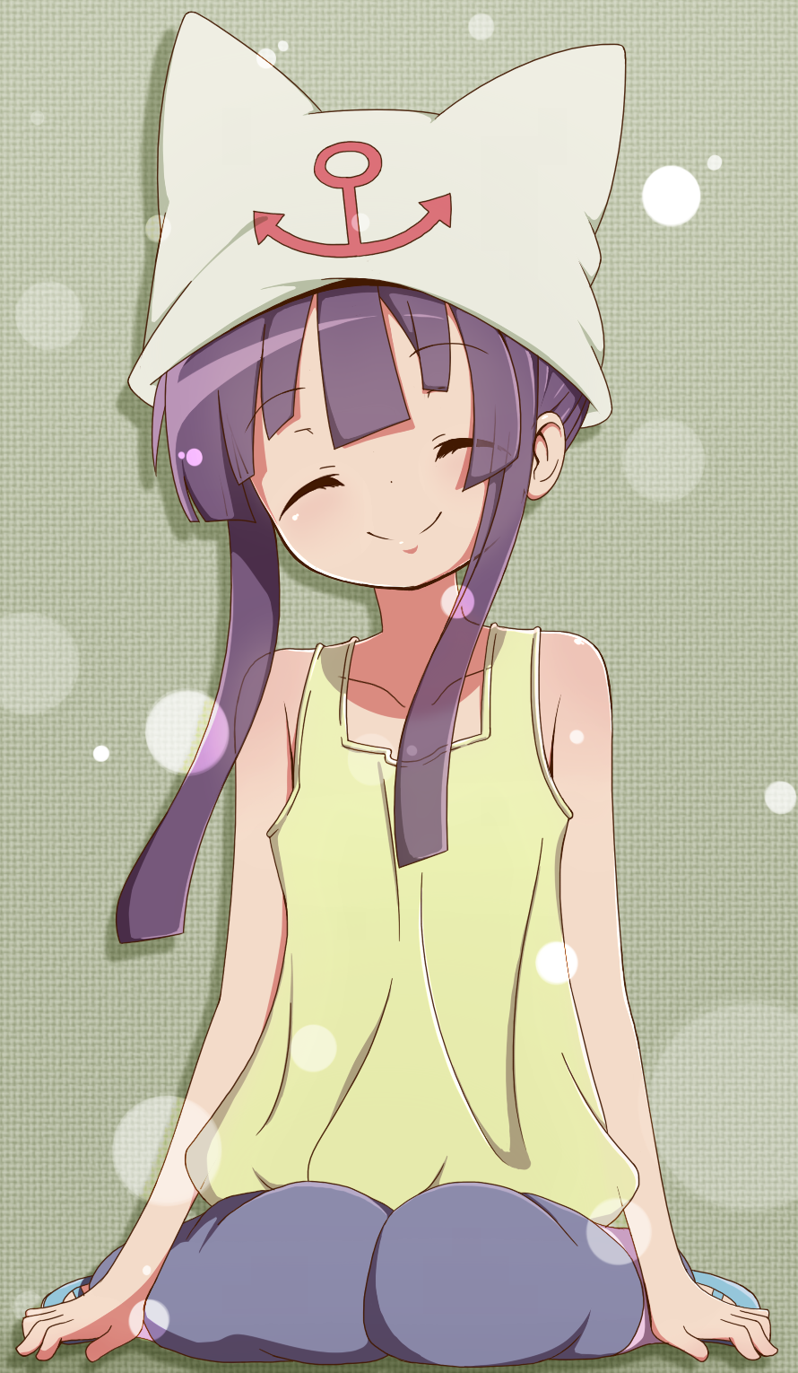 1girl, ^_^, anchor, animal_hat, bad_id, bad_pixiv_id, closed_eyes, female_focus, full_body, hat, highres, kisaragi_minato, long_hair, minakami_kanami, purple_hair, sitting, smile, solo, symbol, wariza, yumekui_merry