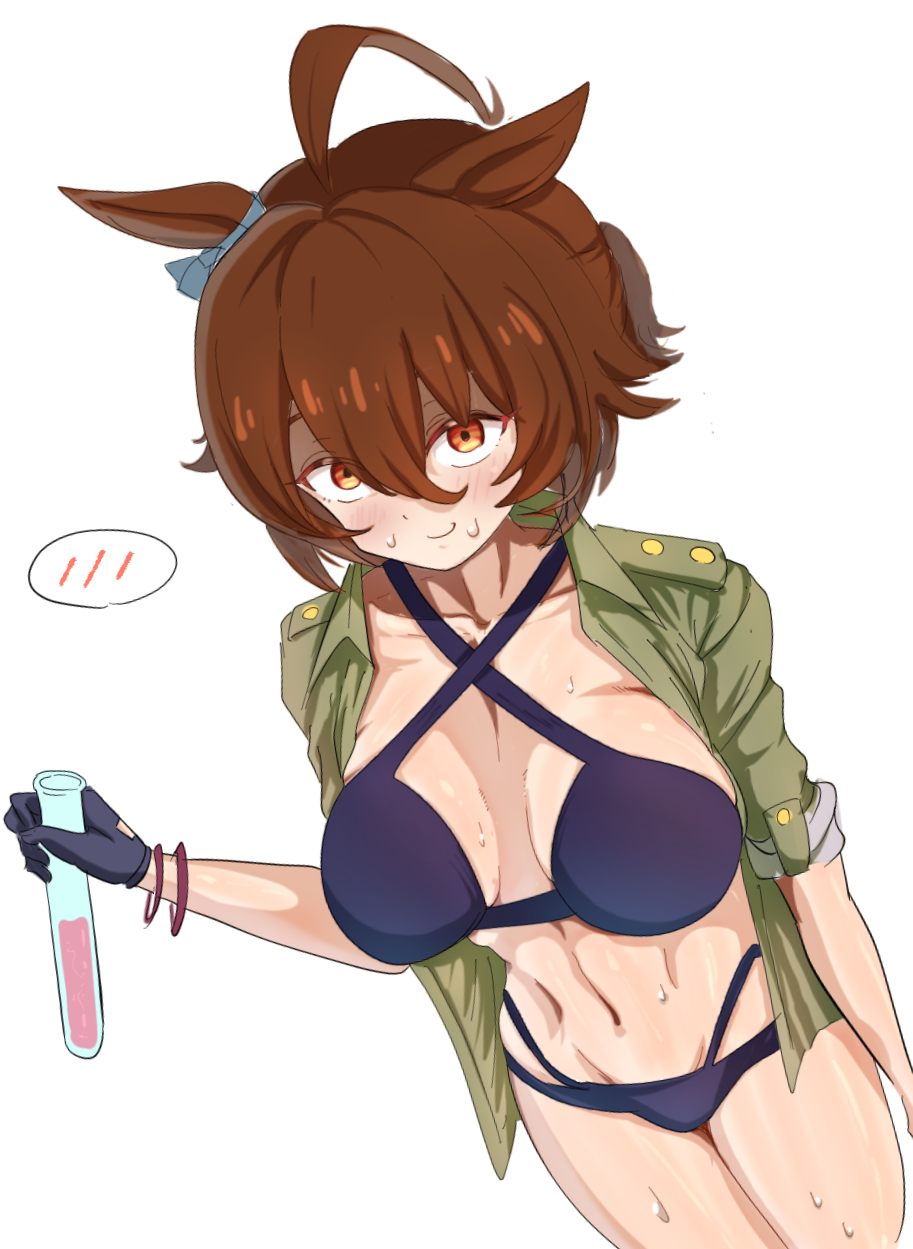 1girl, agnes_tachyon_(lunatic_lab)_(umamusume), agnes_tachyon_(umamusume), ahoge, animal_ears, bikini, black_bikini, black_gloves