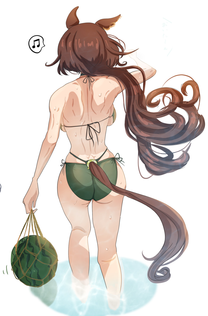 1girl, alternate_costume, alternate_hairstyle, animal_ears, ass, backboob, beamed_eighth_notes, bikini