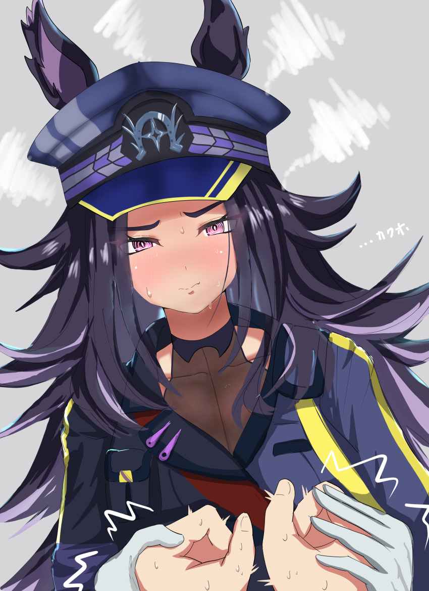 1girl, 1other, @_@, absurdres, animal_ears, black_hair, black_hat, black_jacket