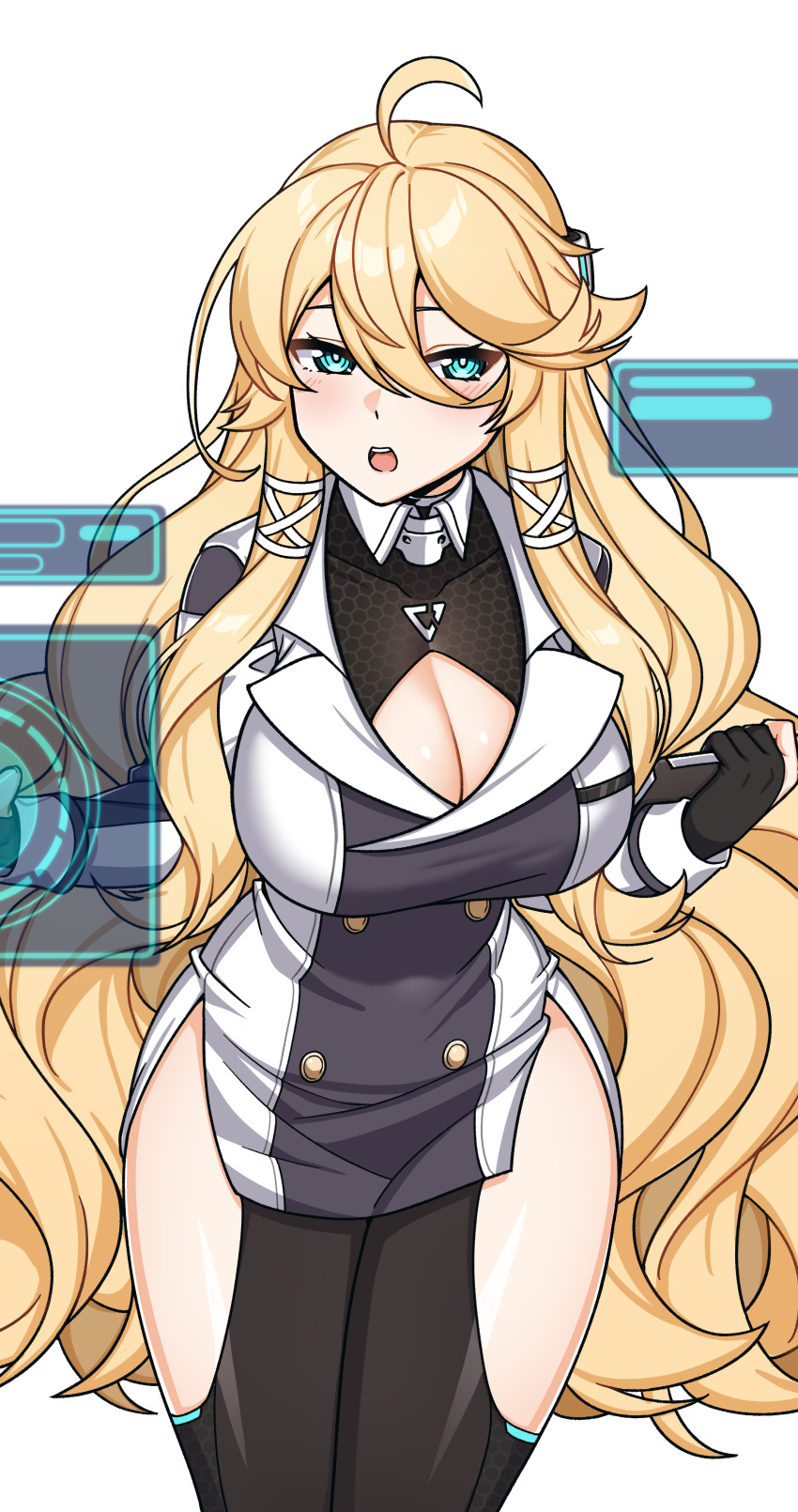 1girl, absurdres, ahoge, aqua_eyes, averting_eyes, blacha_(dkskek157), black_gloves, black_thighhighs, blonde_hair, breasts, cleavage, cleavage_cutout, clipboard, clothing_cutout, commentary_request, counter:side, covered_collarbone, cowboy_shot, cropped, gloves, hair_between_eyes, highres, holding, holding_clipboard, holographic_interface, honeycomb_(pattern), jacket, korean_commentary, large_breasts, light_blush, long_hair, long_sleeves, moneka_(counter:side), open_mouth, partially_fingerless_gloves, side_slit, sidelocks, simple_background, solo, teeth, thigh_cutout, thighhighs, upper_teeth_only, very_long_hair, wavy_hair, white_background, white_jacket