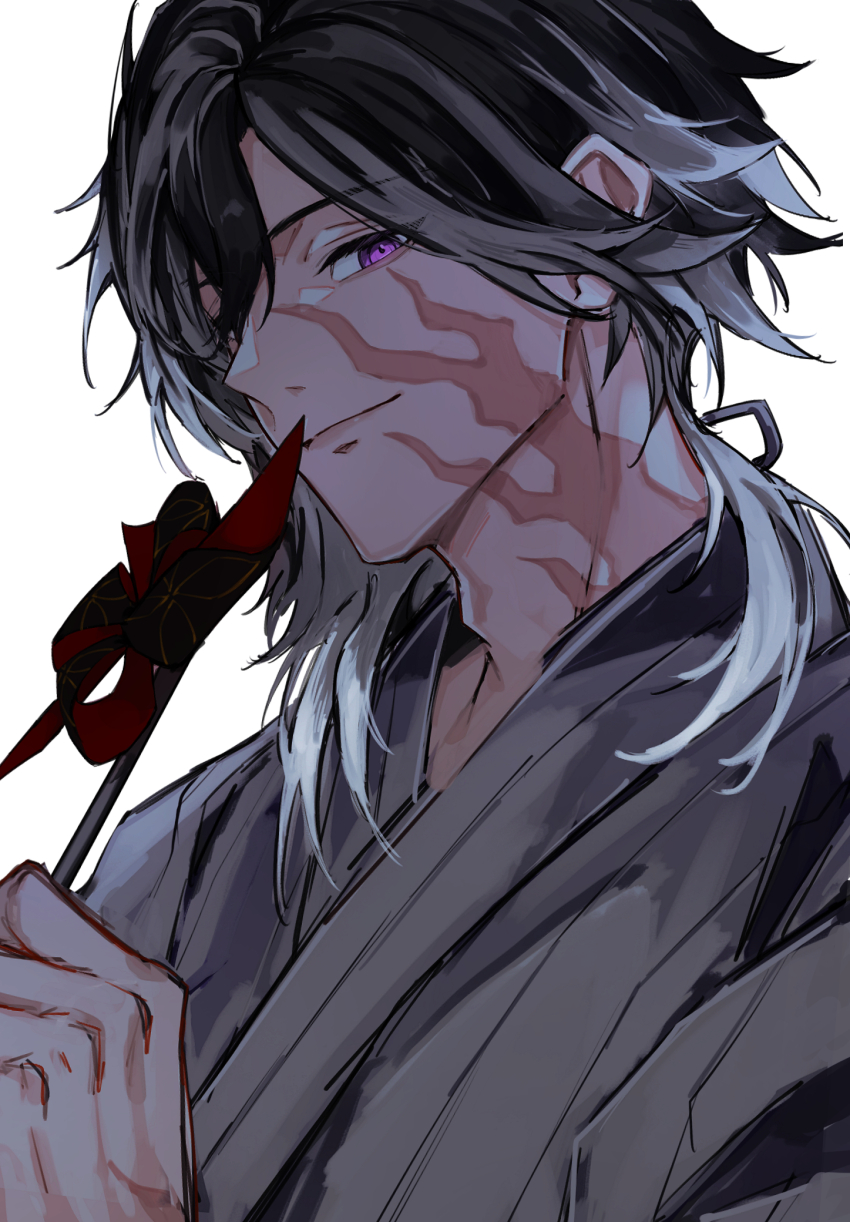1boy, black_hair, burn_scar, closed_mouth, commentary, facial_scar, grey_hair, hair_between_eyes