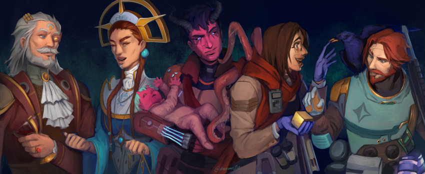 2girls, 3boys, absurdres, animal, animal_on_shoulder, armor, artist_name, ascot, baby, beard, bird, bird_on_shoulder, black_hair, blue_eyes, blue_hair, blue_robe, book, brown_coat, brown_hair, calculator, carrying, carrying_baby, carrying_person, coat, colored_skin, crow, crown, cube, cup, dragonroilz, drinking_glass, duster, facial_hair, glasses, gloves, grey_hair, gun, highres, holding, holding_gun, holding_weapon, horns, jewelry, monocle, multiple_boys, multiple_girls, mustache, old, old_man, pawn_(rimworld), power_armor, red_hair, red_skin, rimworld, ring, robe, scar, scar_across_eye, scar_on_face, scarf, short_hair, tentacles, twintails, twitter_username, vial, weapon, white_ascot, wine_glass