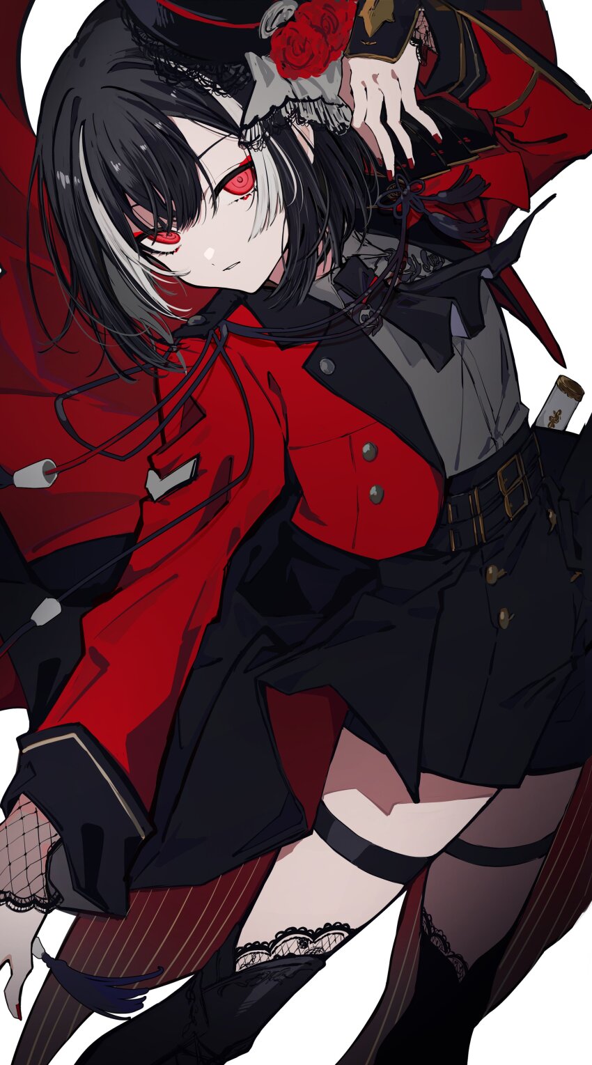 1boy, absurdres, arm_at_side, arm_up, armor, ascot, belt, belt_buckle, black_ascot, black_belt, black_boots, black_hair, black_hat, black_shorts, bob_cut, boots, buckle, collared_shirt, commentary, eyeshadow, flower, grey_shirt, hair_between_eyes, hat, highres, jacket, japanese_armor, kyogoku_masamune, lace, lace-trimmed_thighhighs, lace_trim, lapels, long_sleeves, looking_at_viewer, makeup, male_focus, multicolored_hair, nail_polish, notched_lapels, open_clothes, open_jacket, parted_lips, rakanama, red_eyes, red_eyeshadow, red_flower, red_jacket, red_nails, red_rose, rose, shirt, short_hair, shorts, shoulder_armor, simple_background, single_sode, sode, solo, streaked_hair, tassel, thigh_boots, thigh_strap, thighhighs, touken_ranbu, trap, two-tone_hair, white_background, white_hair, wing_collar