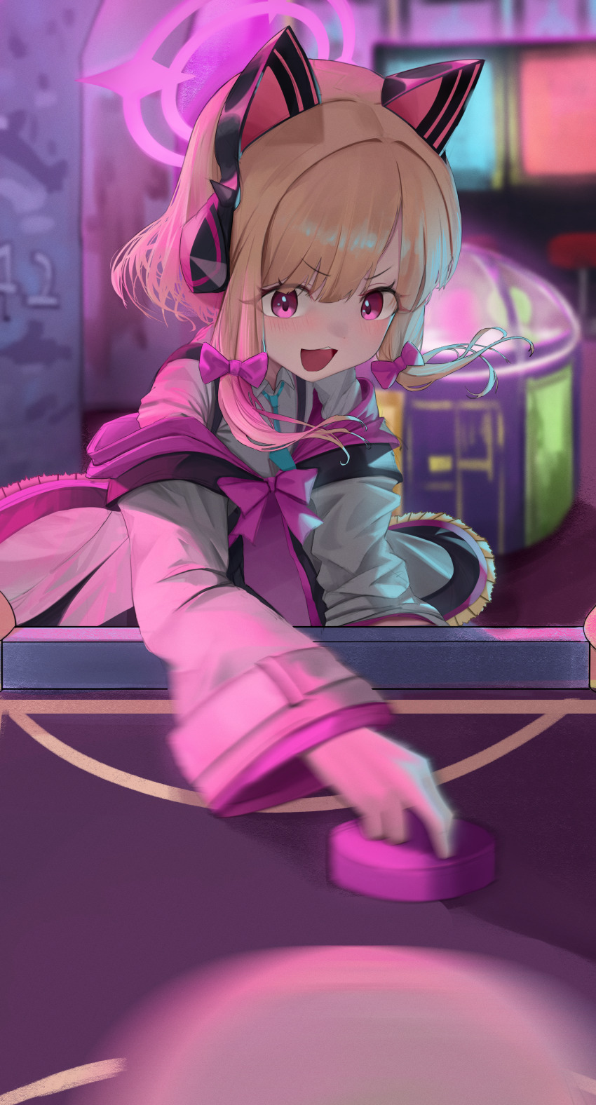 1girl, :3, :d, absurdres, air_hockey, air_hockey_mallet, air_hockey_puck, air_hockey_table, animal_ear_headphones, animal_ears, aqua_necktie, black_coat, black_skirt, blonde_hair, blue_archive, blurry, blurry_background, blush, bow, cat_ear_headphones, cat_ears, coat, collared_shirt, commentary, depth_of_field, eyes_visible_through_hair, fake_animal_ears, floating_clothes, floating_hair, frilled_coat, frills, hair_bow, halo, headphones, highres, holding, hood, hooded_coat, indoors, long_sleeves, looking_at_viewer, low-tied_sidelocks, momoi_(blue_archive), motion_blur, multicolored_coat, necktie, off_shoulder, open_mouth, parted_bangs, pink_bow, pink_coat, pink_eyes, pink_halo, playing_games, shirt, short_hair, sidelocks, skirt, smile, solo, suspender_skirt, suspenders, table, teeth, ubeuna, upper_teeth_only, v-shaped_eyebrows, white_coat, white_shirt