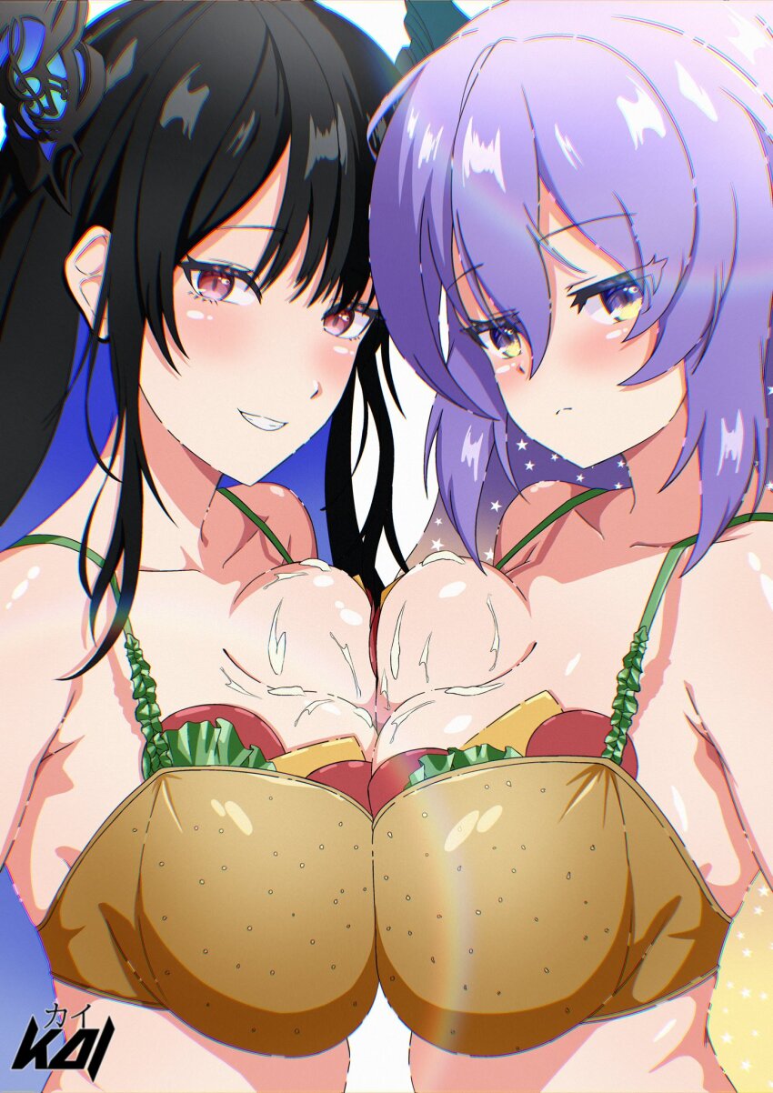 2girls, artist_name, black_hair, blue_hair, breast_press, breasts, burger_print, cleavage, closed_mouth, collarbone, colored_inner_hair, food-themed_clothes, hair_between_eyes, highres, hololive, hololive_english, hololive_indonesia, kaiyen, large_breasts, long_hair, mayonnaise, moona_hoshinova, multicolored_hair, multiple_girls, nerissa_ravencroft, pink_eyes, purple_eyes, purple_hair, smile, star_(symbol), star_print, suggestive_fluid, symmetrical_docking, upper_body, virtual_youtuber
