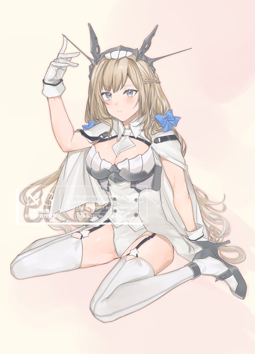 1girl, absurdres, between_breasts, black_shoes, blue_bow, blush, bow, breasts