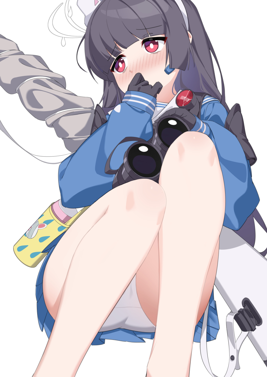 1girl, absurdres, animal_ear_hairband, animal_ears, armband, bare_legs, binoculars, black_armband, black_gloves, blue_archive, blue_serafuku, blue_shirt, blue_skirt, blunt_bangs, blunt_sidelocks, blush, bolt_action, bright_pupils, commentary, covering_own_mouth, dy_kai, fake_animal_ears, feet_out_of_frame, furrowed_brow, gloves, grey_hair, gun, gun_sling, hairband, halo, hand_over_own_mouth, highres, holding, holding_binoculars, knees, legs, loli, long_hair, long_sleeves, looking_afar, miniskirt, miyu_(blue_archive), mosin-nagant, nose_blush, panties, pantyshot, pleated_skirt, puffy_long_sleeves, puffy_sleeves, rabbit_ear_hairband, rabbit_ears, red_eyes, rifle, sailor_collar, sailor_shirt, school_uniform, serafuku, shirt, sidelocks, simple_background, skirt, solo, thermos, underwear, very_long_hair, weapon, white_background, white_hairband, white_halo, white_panties, white_pupils, white_sailor_collar