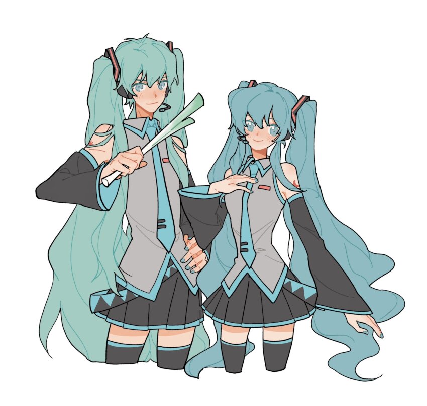 1boy, 1girl, aqua_eyes, aqua_hair, aqua_necktie, bare_shoulders, black_skirt, breasts