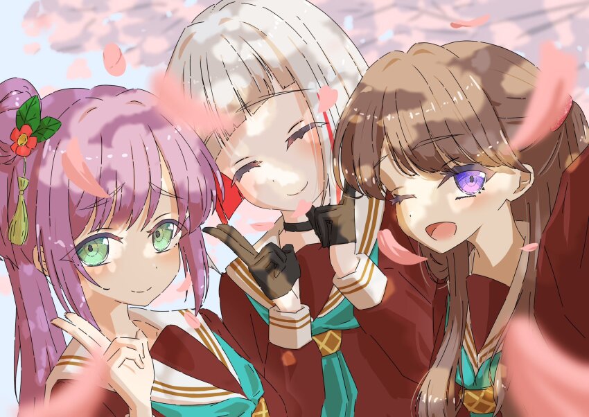 3girls, ;d, aqua_neckerchief, brown_dress, cherry_blossoms, closed_mouth, colored_inner_hair, commentary, double_v, dress, falling_petals, flower, fujishima_megumi, green_eyes, grey_hair, hair_bun, hair_flower, hair_ornament, hashtag-only_commentary, hasu_no_sora_school_uniform, highres, link!_like!_love_live!, long_hair, looking_at_viewer, love_live!, multicolored_hair, multiple_girls, neckerchief, one_eye_closed, open_mouth, otomune_kozue, outdoors, petals, pink_petals, purple_eyes, purple_hair, raised_inner_eyebrows, red_flower, red_hair, sailor_collar, sailor_dress, sanya_(sanya_ikuyo), school_uniform, selfie, short_hair, side_ponytail, single_side_bun, smile, split_mouth, streaked_hair, tassel, tassel_hair_ornament, v, virtual_graduation_commemoration, virtual_youtuber, white_sailor_collar, winter_uniform, yugiri_tsuzuri