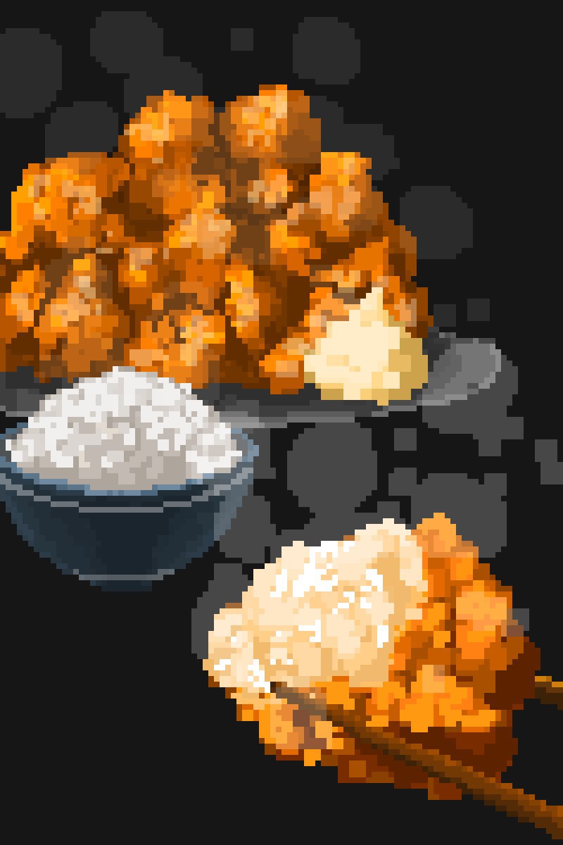 bite_mark, black_background, bowl, chicken_(food), chopsticks, food, fried_chicken, grated_daikon, highres, hisachan55cute, no_humans, original, pixel_art, rice_bowl, simple_background, steaming_food, still_life