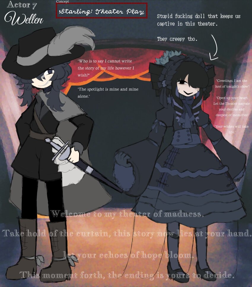 2girls, concept_art, doll, english_text, highres, iesonatana, multiple_girls, non-web_source