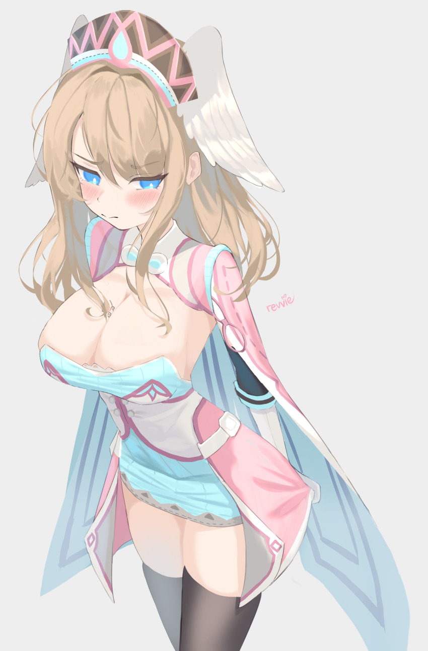 1girl, arms_behind_back, artist_name, black_thighhighs, blue_eyes, blush, breast_tattoo, breasts