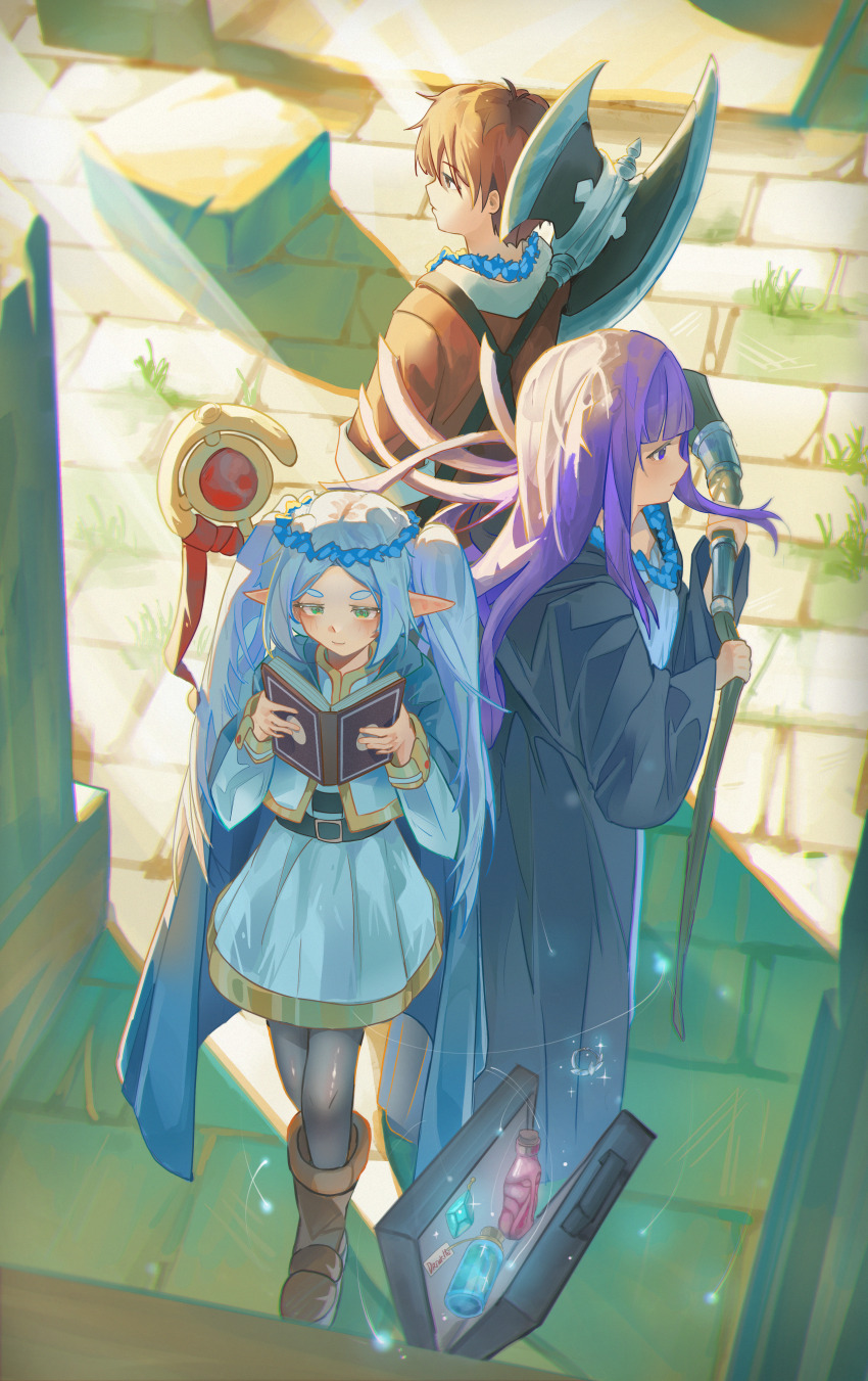 1boy, 2girls, absurdres, axe, battle_axe, belt, black_pantyhose, book