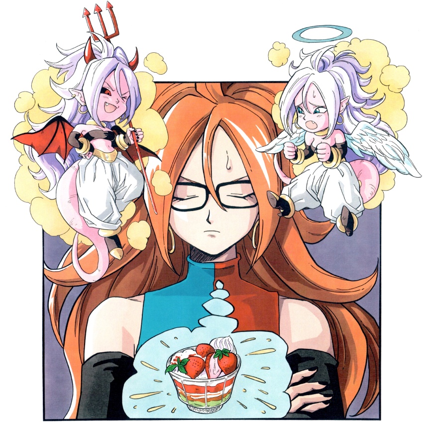 3girls, absurdres, android_21, angel, angel_and_devil, angel_wings, bare_shoulders, black_sleeves