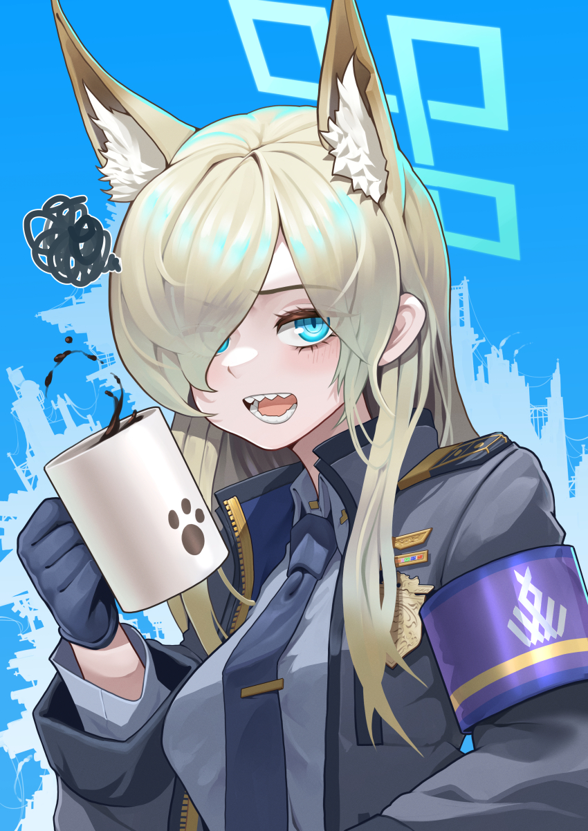 1girl, absurdres, animal_ears, armband, black_jacket, blonde_hair, blue_archive, blue_background