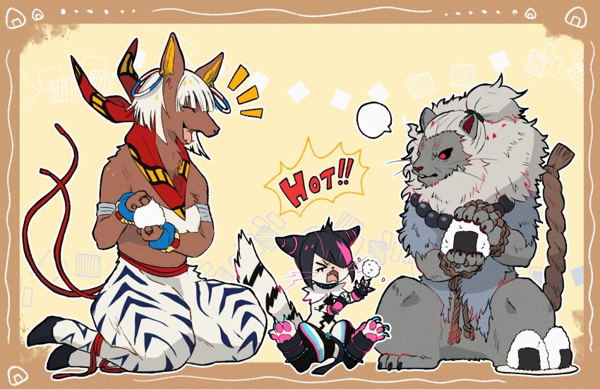 1boy, 2girls, akuma_(street_fighter), animal_hands, bandeau, cat, elena_(street_fighter), food, furrification, furry, furry_female, furry_male, grey_fur, han_juri, highres, hooves, kabeuchi_hs, lion, looking_at_another, multicolored_hair, multiple_girls, okapi_(animal), okapi_ears, okapi_tail, onigiri, red_eyes, scarf, smile, streaked_hair, street_fighter, street_fighter_6, striped_fur