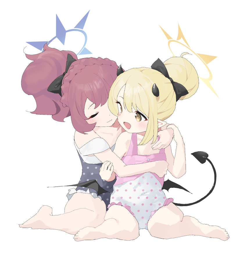2girls, absurdres, bare_legs, bare_shoulders, barefoot, black_bow, blonde_hair, blue_archive
